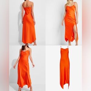Express Satin Cowl Neck Asymmetrical Hem Maxi Slip Dress Bonfire 587 Orange S